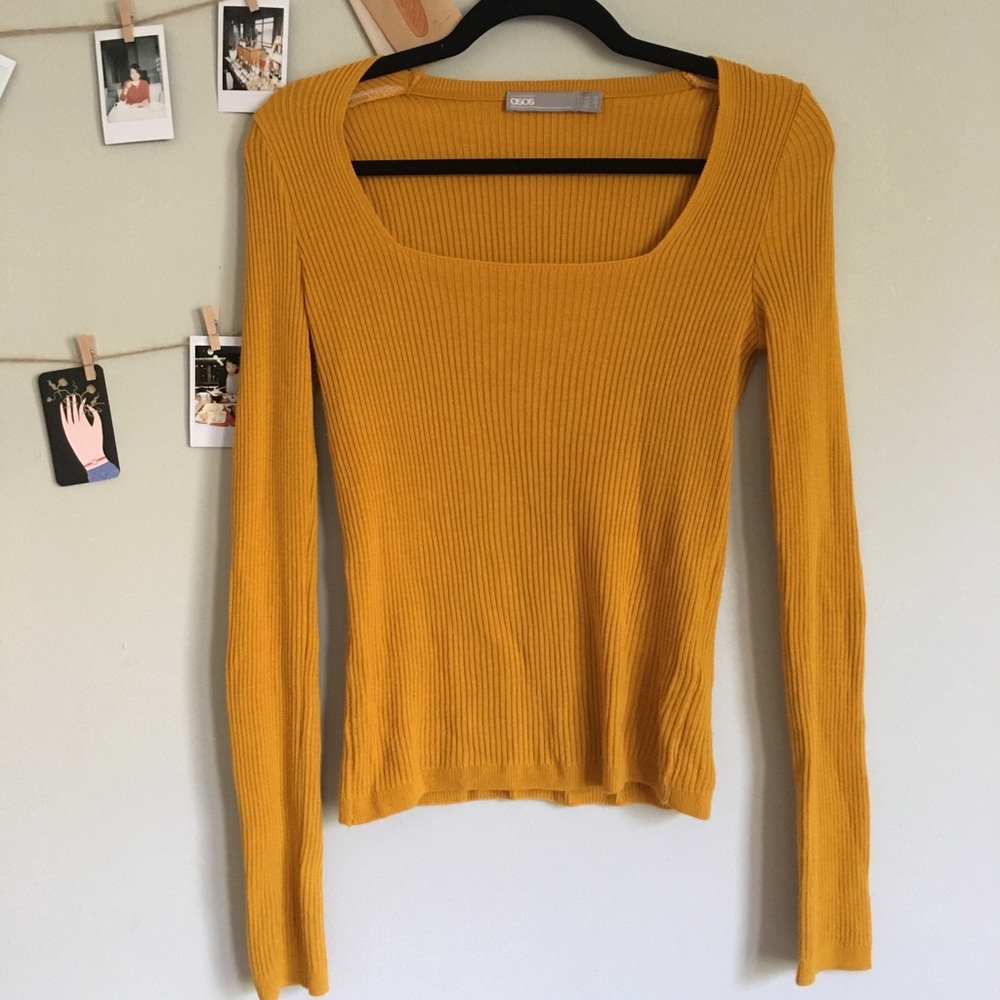 ASOS Rib Square Neck Top in Mustard - Picture 2 of 2
